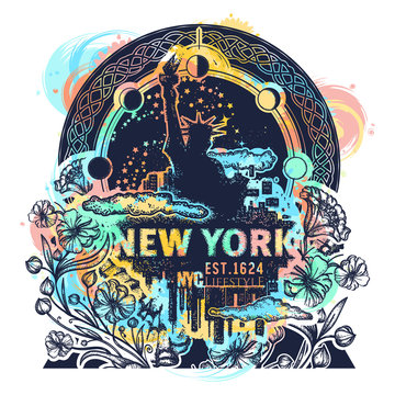 Statue of Liberty, New York and art nouveau flower color tattoo and t-shirt design. Big city New York city skyline concept art poster