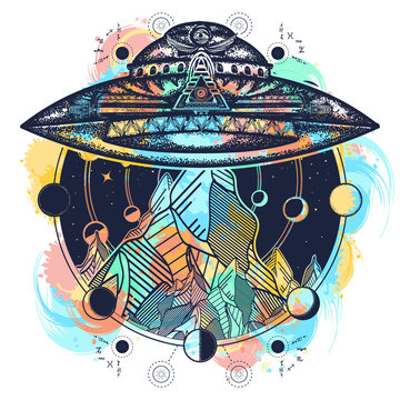 Ufo ship and mountains color tattoo art vector. Ufo outdoors