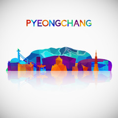 Obraz premium Pyeongchang skyline silhouette in colorful geometric style. South Korea symbol for your design. Vector illustration.