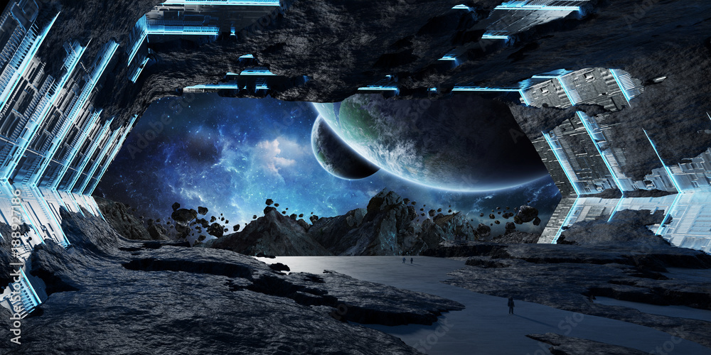 Poster huge asteroid spaceship interior 3d rendering elements of this image furnished by nasa