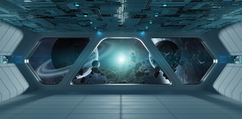 Fototapeta premium Spaceship futuristic grey blue interior with view on exoplanet
