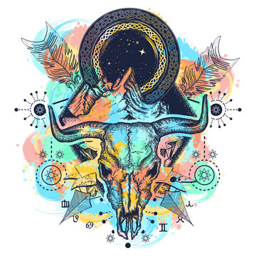 Mountains and bison skull color tattoo and t-shirt design. Native American bull skull symbol of secret knowledge, Shamanism. Soul of prairies, usa wild west style color tattoo