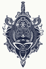 Fototapeta premium Viking warrior head t-shirt design. Celtic amulet forces tattoo. Tribal dragons, ethnic style. Viking and swords tattoo, ring with scandinavian ornament