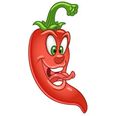 Cartoon Chili Pepper character. Long hot red Chilli. Happy Vegetable and Spice symbol. Eco food icon. Design element for kids coloring book page, t-shirt print, logo, label, patch or sticker.