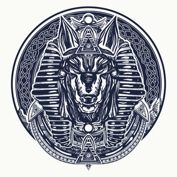 Anubis, god of war, Golden Mask of the Pharaoh, symbol of next world, kingdom of dead tattoo art. Anubis sacred geometry tattoo and t-shirt design