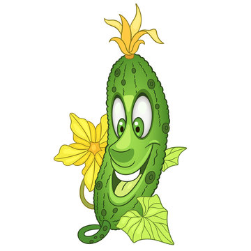 Cartoon Cucumber character. Happy Vegetable symbol. Eco food icon. Design element for kids coloring book, colouring page, t-shirt print, logo, label, patch or sticker.