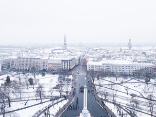 RIGA - 20 January, 2018: Aerial View of the Statue of Liberty Milda in Riga, Latvia during Memorial...