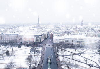 January 20, 2018. Aerial winter day in Riga Latvia. Beautiful old town covered with snow. Riga...