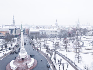 RIGA - 20 January, 2018: Aerial View of the Statue of Liberty Milda in Riga, Latvia during Memorial...