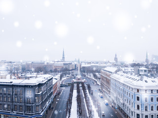 RIGA - 20 January, 2018: Aerial View of the Statue of Liberty Milda in Riga, Latvia during Memorial...