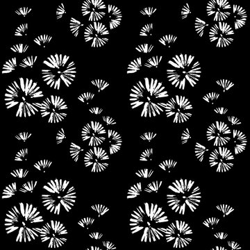 Seamless pattern with white doodle circles randomly distributed on a black background. Brush strokes. Flowers, dandelions, fireworks.