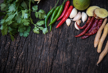 Ingredients of Thai spicy food on wooden board 