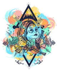 Mexican criminal tattoo art and t-shirt design water color splashes. Wild west woman and mountains tattoo. Santa muerte girl. Sugar Skull. Santa Muerte mexican woman, old revolvers, crime scene