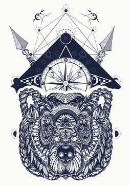 Bear and compass tattoo and t-shirt design. Northern grizzly bear