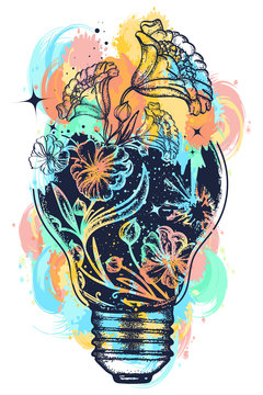 Light bulb tattoo and art nouveau flowers t-shirt design water color splashes. Symbol of the idea, creativity, creative, imagination, freedom. Tattoo light bulb