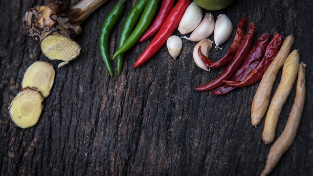 Ingredients of Thai spicy food on wooden board 