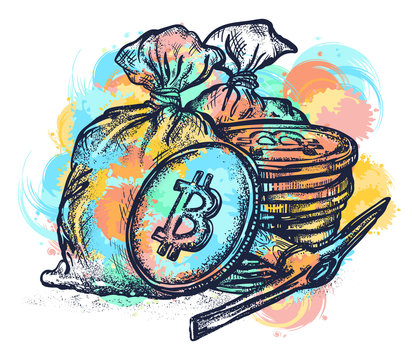 Bitcoin tattoo and t-shirt design water color splashes. Cryptocurrency bitcoin mining symbol. Golden coins with bitcoin