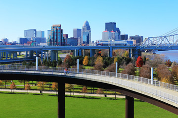 Louisville, Kentucky skyline with pedestrian walkway in front