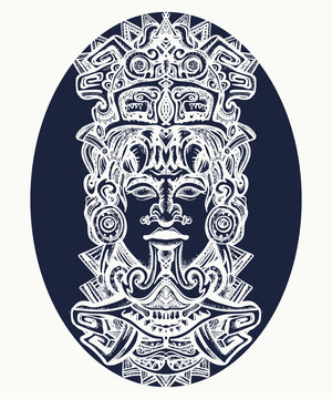 Ancient Mayan civilization. Indian mayan carved in stone tattoo art. Mayan tattoo and t-shirt design. Ancient aztec totem, Mexican god