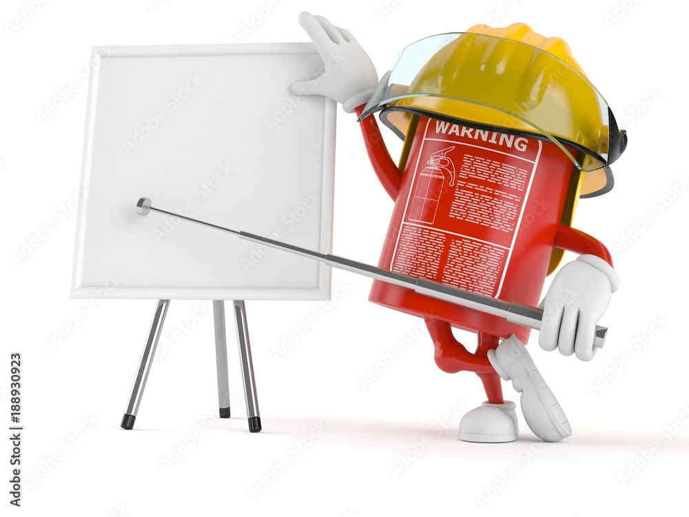 Sticker Fire extinguisher character with blank whiteboard