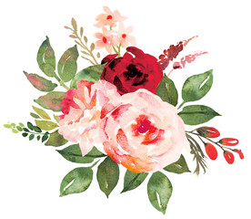 Flower bouquet with red an pink roses. Watercolor hand-painted illustration