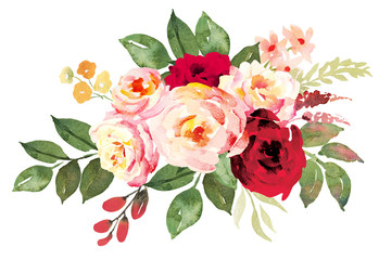 Flower bouquet with red and pink roses. Watercolor hand-painted illustration