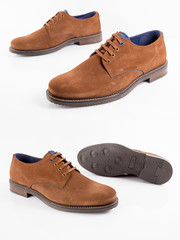 Male brown leather shoe on white background, isolated product, comfortable footwear.