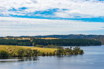 Picturesque landscape of lake on sunny day. View from above