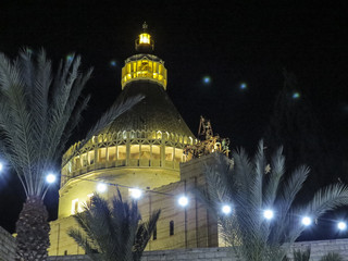 Nazareth, Israel - night in the Basilica of the Annunciation marks the site where the Archangel...
