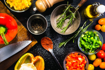 Various ingredients and spices to follow a specific recipe.