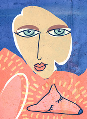 A poster with a 30-year-old woman with a fox fur collar. A textured vintage collage. A portrait of a woman with blue hair