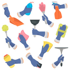 Set of hands in a glove with different tools for cleaning color flat icons set