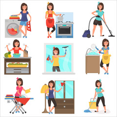 Housework at home color flat illustration set