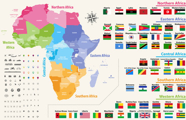 vector map of Africa continent colored by regions. All flags of African countries arranged in alphabetical order and singled out by regions