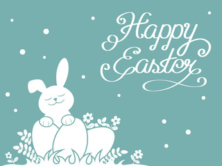 Happy easter greeting card. Background with rabbit and eggs.