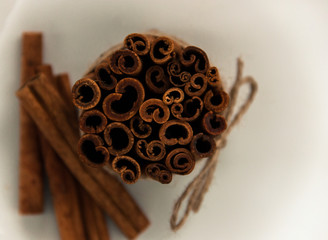 bundle of cinnamon tied with twine top view