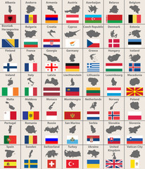 Obraz premium All european maps and flags. Vector set