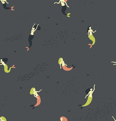 Seamless pattern with colored mermaids on a grey background