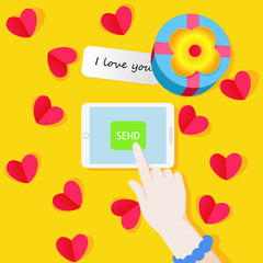 Telephone and red hearts. Woman hand press send button with i love you paper and present box. Valentine's day concept, Social network.