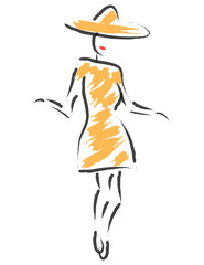 A. woman in a stylish hat and dress is featured in a minimalist fashion and beauty illustration.
