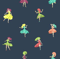 Seamless pattern with dancing girls