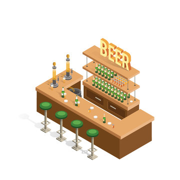 Isometric interior of beer bars on a white background. Sale of alcoholic beverages in bottles and cans.