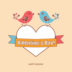 Two love birds are sitting on a white heart, which wraps the ribbon with the name of the holiday. Vector