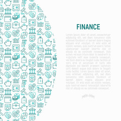 Finance concept with thin line icons: safe, credit card, piggy bank, wallet, currency exchange, hammer, agreement, handshake, atm slot. Modern vector illustration for banner, web page, print media.