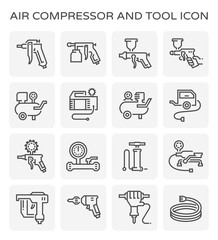 Air compressor icon. Consist of spray gun or airbrush for auto paint repair. Including with pressure tank, bicycle pump, air blow gun, pressure gauge, pneumatic staple, drilling tool, jack hammer etc.