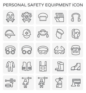 Safety equipment icon or personal protective equipment (PPE) in industrial work. Consist of air purifying respirator, helmet, earmuff, shield, glasses, fire resistant clothing etc. For protect wearer.