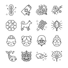 Chinese new year line icon set. Included the icons as firecracker, dragon, lion, dog, plum, fan, lamp and more.