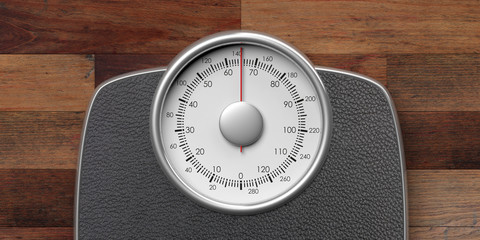 Weighing scale isolated on wooden background. 3d illustration