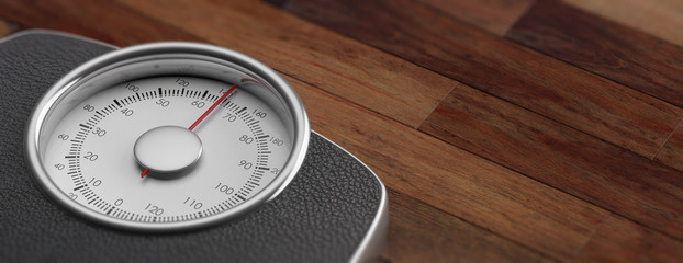 Weighing scale isolated on wooden background. 3d illustration