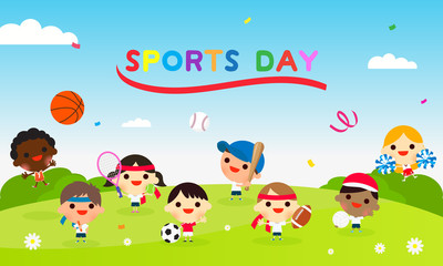 Obraz na płótnie Canvas Sports Day Poster Vector illustration. Kids playing multiple sports. 